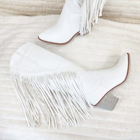 Wild One White Fringe Cowboy Cowgirl Boots Plus Plus size Friendly - Picture 8 of 13